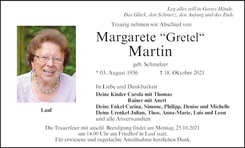  Traueranzeige für Margarete Gretel vom 23.10.2021 aus MGO