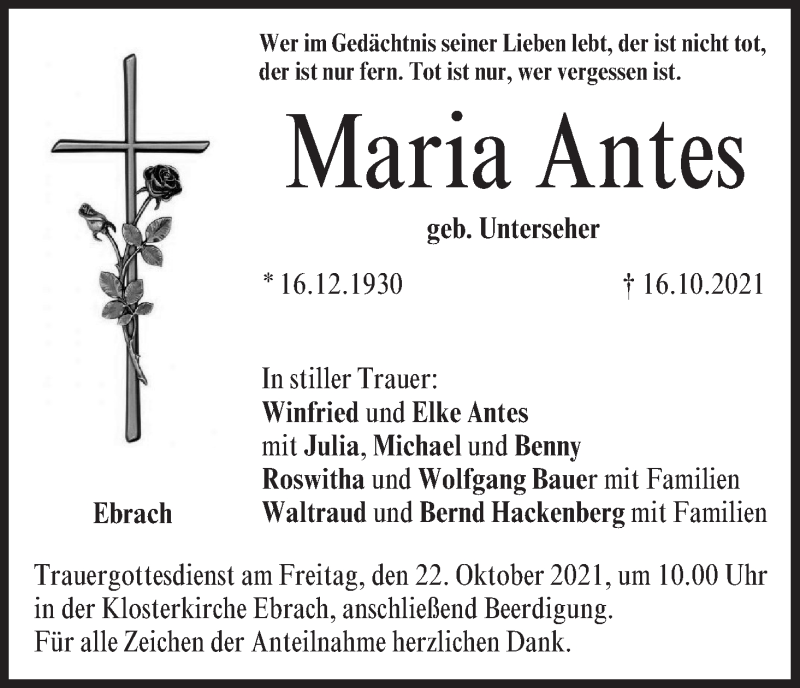  Traueranzeige für Maria Antes vom 19.10.2021 aus MGO