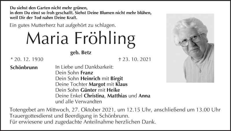  Traueranzeige für Maria Fröhling vom 26.10.2021 aus MGO