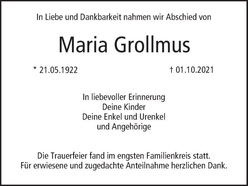  Traueranzeige für Maria Grollmus vom 30.10.2021 aus MGO