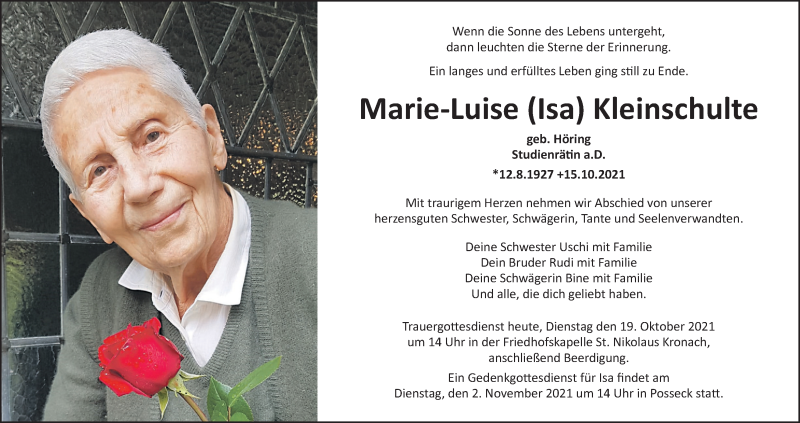  Traueranzeige für Marie-Luise Kleinschulte vom 19.10.2021 aus MGO