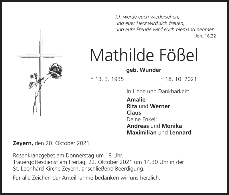  Traueranzeige für Mathilde Fößel vom 20.10.2021 aus MGO