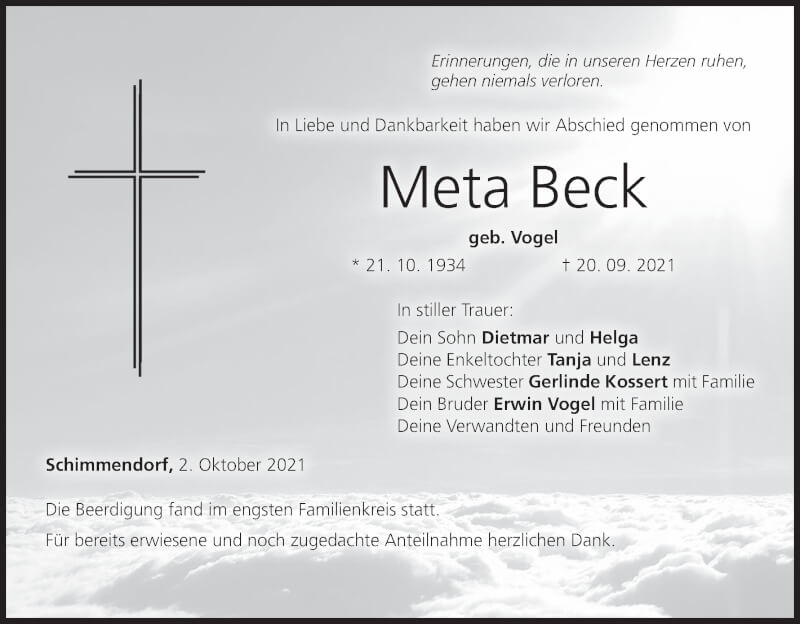  Traueranzeige für Meta Beck vom 02.10.2021 aus MGO