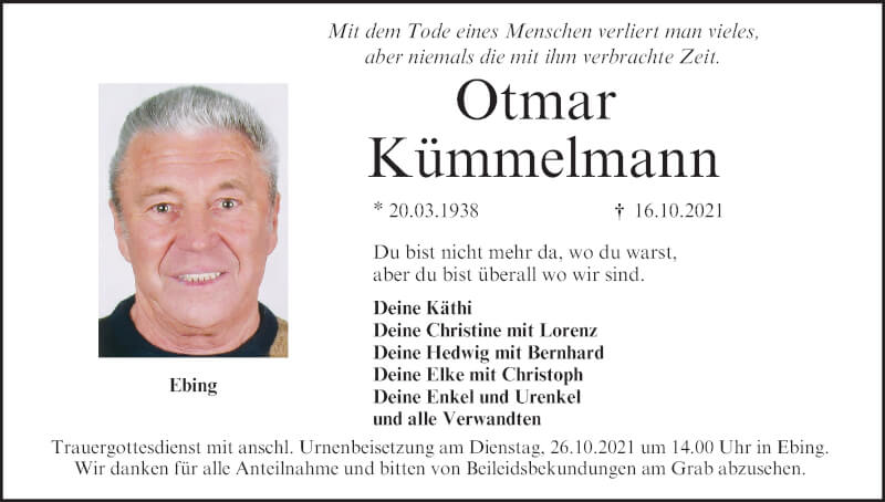  Traueranzeige für Otmar Kümmelmann vom 23.10.2021 aus MGO