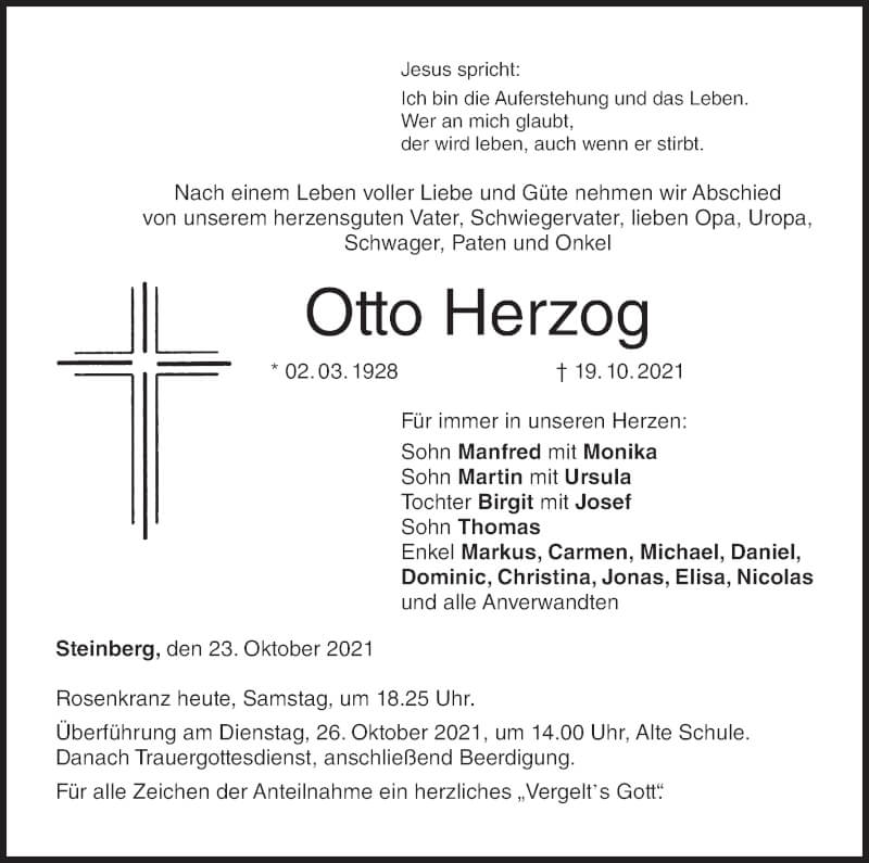  Traueranzeige für Otto Herzog vom 23.10.2021 aus MGO