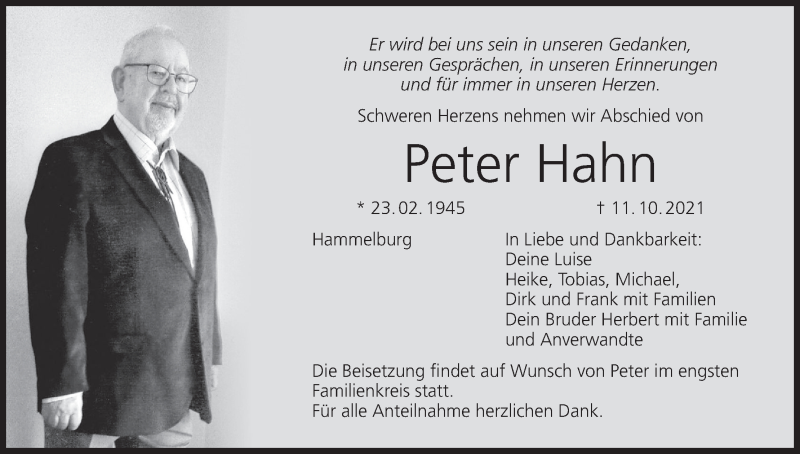  Traueranzeige für Peter Hahn vom 16.10.2021 aus MGO