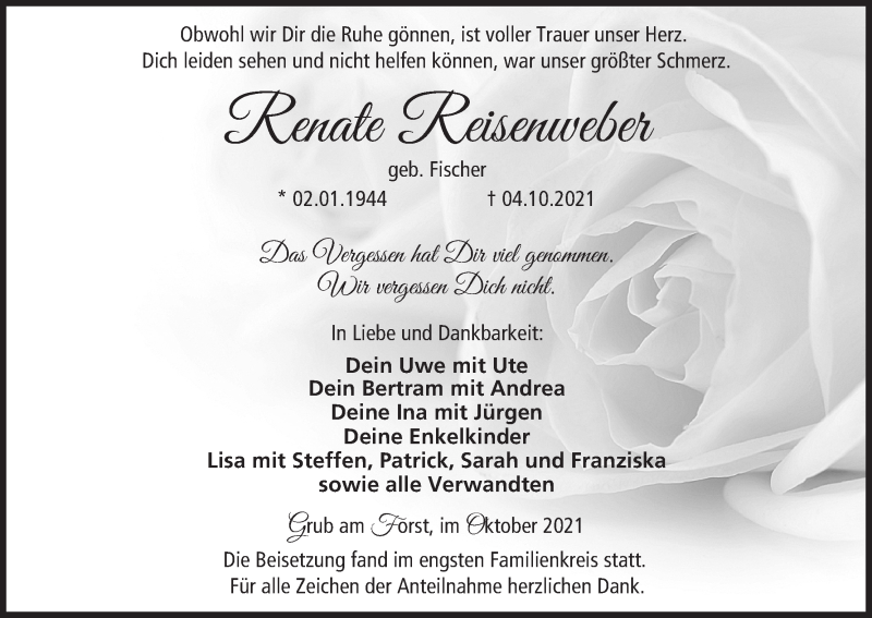  Traueranzeige für Renate Reisenweber vom 12.10.2021 aus MGO