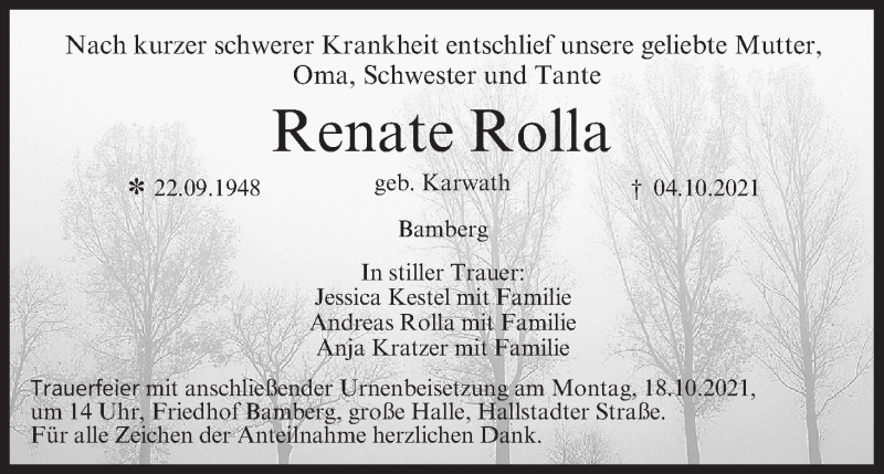  Traueranzeige für Renate Rolla vom 09.10.2021 aus MGO