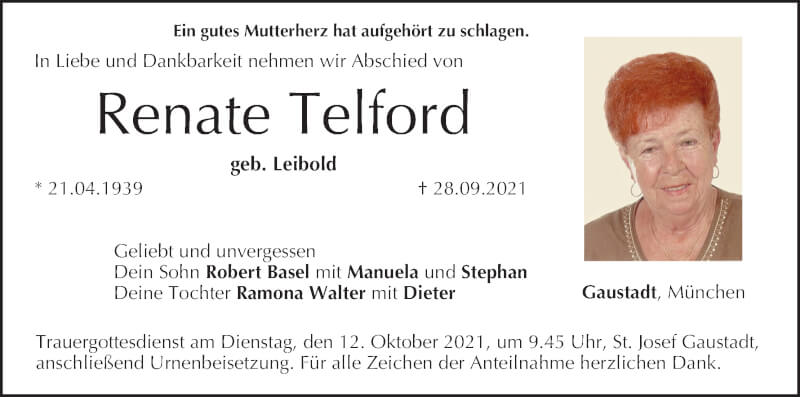  Traueranzeige für Renate Telford vom 02.10.2021 aus MGO