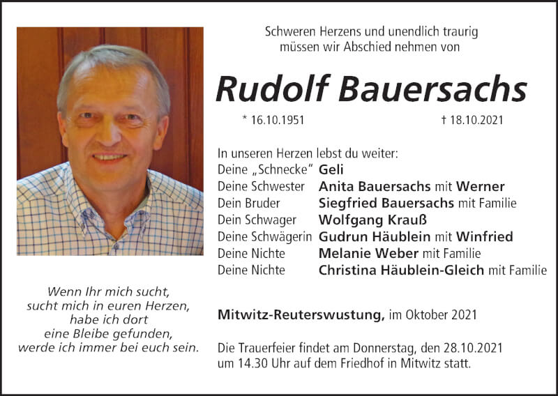  Traueranzeige für Rudolf Bauersachs vom 23.10.2021 aus MGO