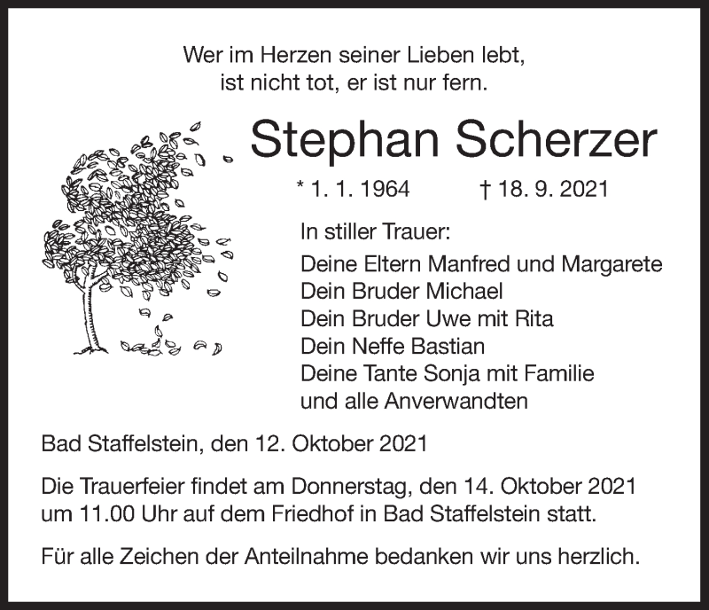  Traueranzeige für Stephan Scherzer vom 12.10.2021 aus MGO