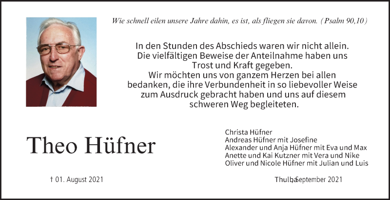  Traueranzeige für Theo Hüfner vom 01.10.2021 aus MGO