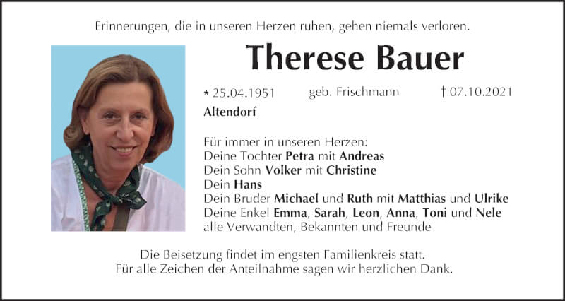  Traueranzeige für Therese Bauer vom 23.10.2021 aus MGO