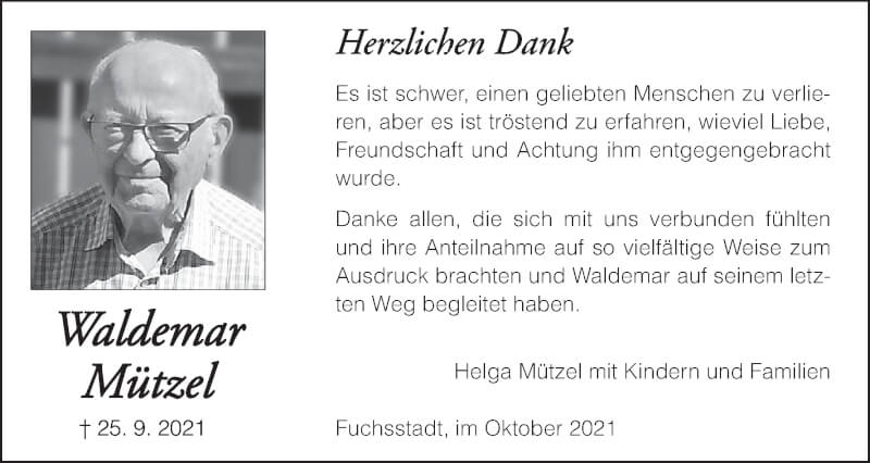  Traueranzeige für Waldemar Mützel vom 23.10.2021 aus MGO
