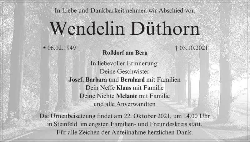  Traueranzeige für Wendelin Düthorn vom 16.10.2021 aus MGO