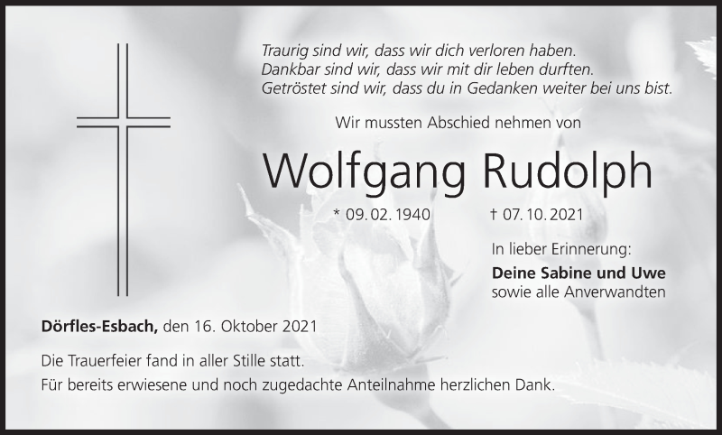  Traueranzeige für Wolfgang Rudolph vom 16.10.2021 aus MGO