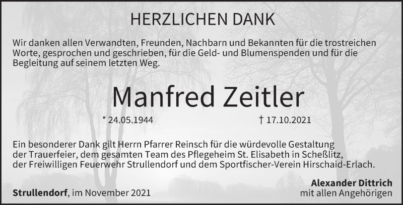  Traueranzeige für Manfred Zeitler vom 27.11.2021 aus MGO