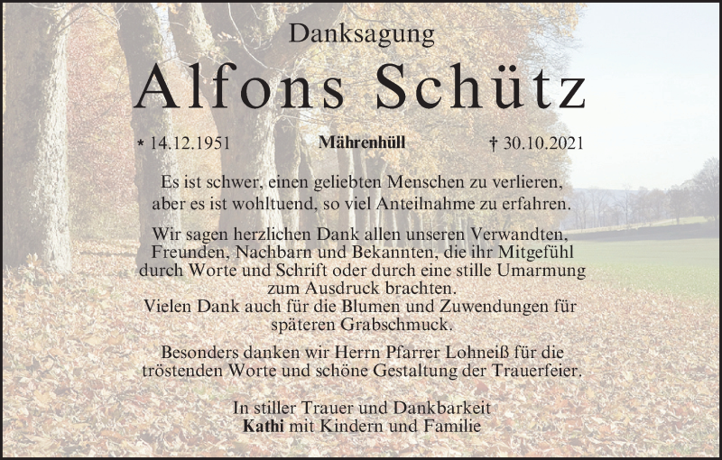  Traueranzeige für Alfons Schütz vom 20.11.2021 aus MGO