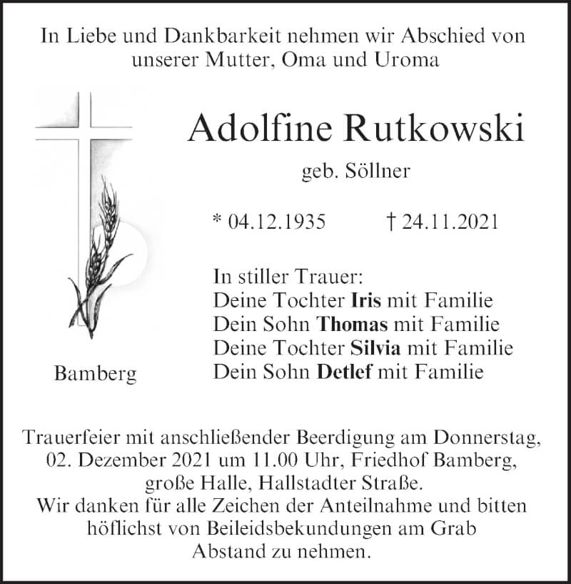  Traueranzeige für Adolfine Rutkowski vom 27.11.2021 aus MGO