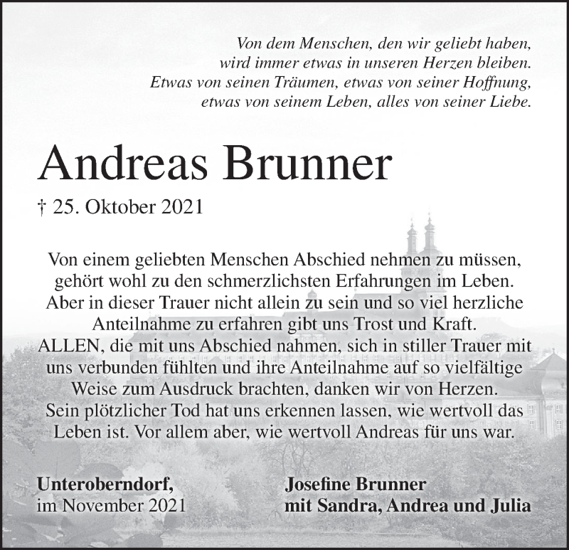  Traueranzeige für Andreas Brunner vom 13.11.2021 aus MGO