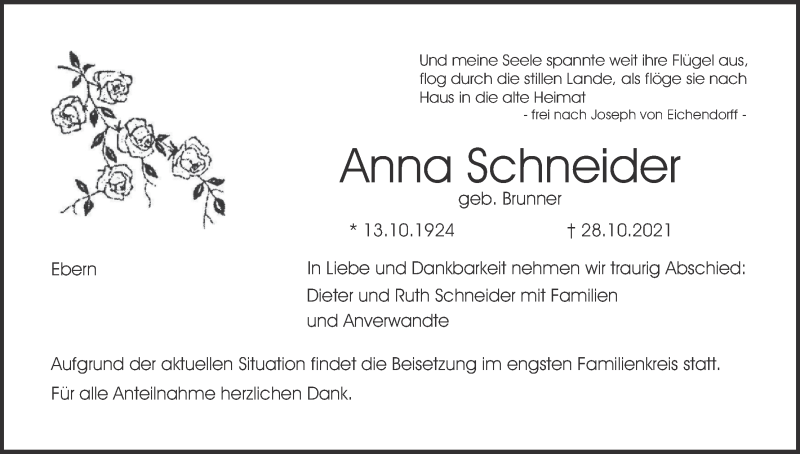  Traueranzeige für Anna Schneider vom 06.11.2021 aus MGO