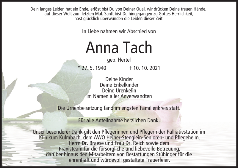  Traueranzeige für Anna Tach vom 06.11.2021 aus MGO
