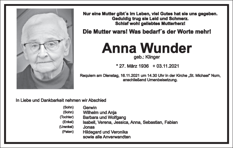  Traueranzeige für Anna Wunder vom 13.11.2021 aus MGO