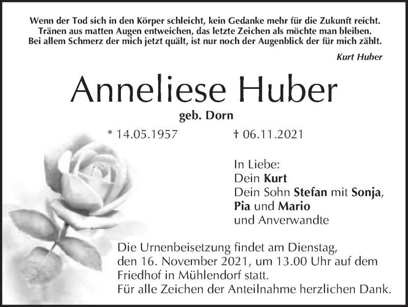  Traueranzeige für Anneliese Huber vom 13.11.2021 aus MGO