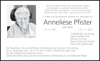 Anzeige von Anneliese Pfister von MGO