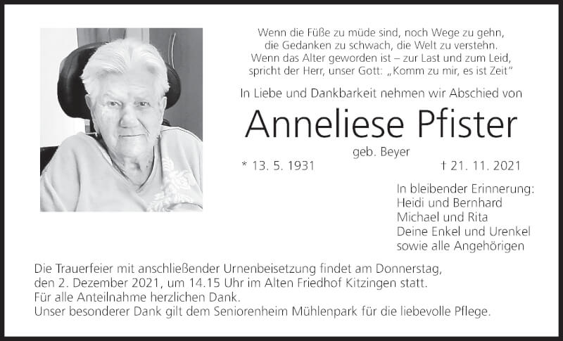  Traueranzeige für Anneliese Pfister vom 27.11.2021 aus MGO