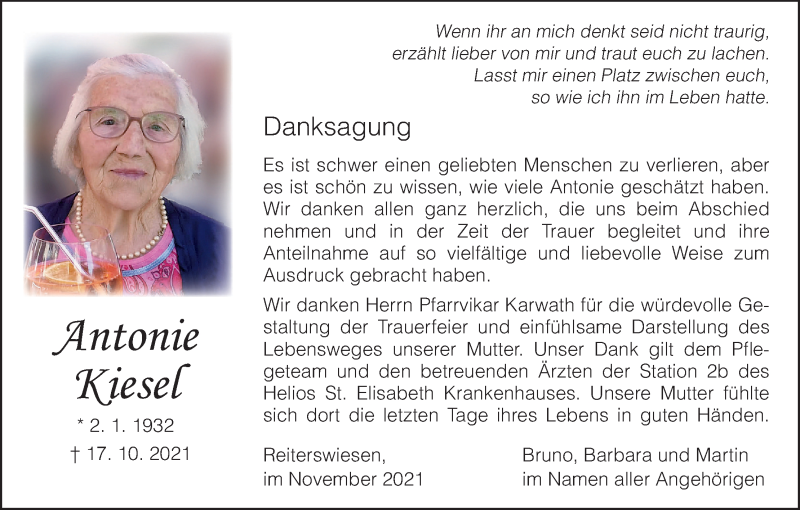  Traueranzeige für Antonie Kiesel vom 06.11.2021 aus MGO