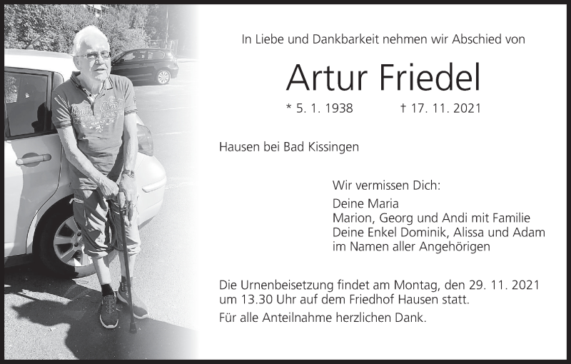  Traueranzeige für Artur Friedel vom 26.11.2021 aus MGO