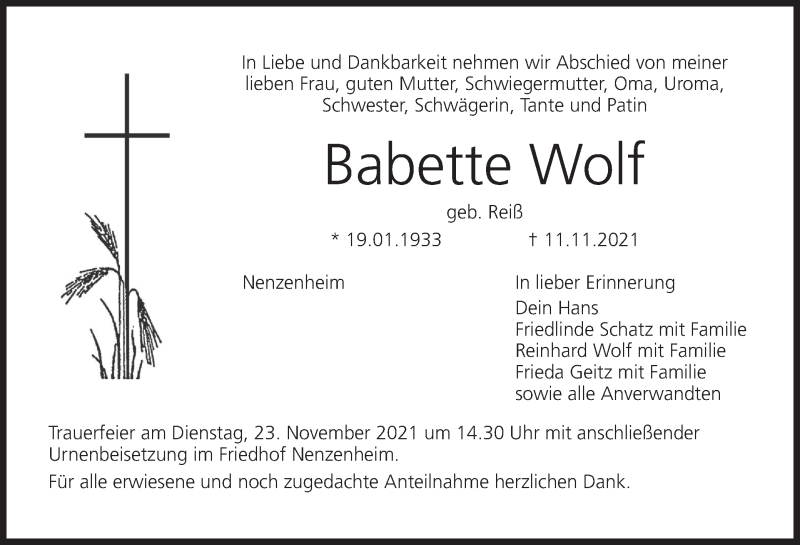  Traueranzeige für Babette Wolf vom 20.11.2021 aus MGO