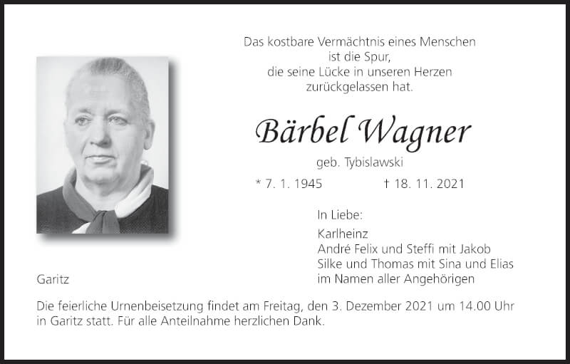  Traueranzeige für Bärbel Wagner vom 27.11.2021 aus MGO