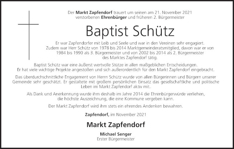  Traueranzeige für Baptist Schütz vom 27.11.2021 aus MGO