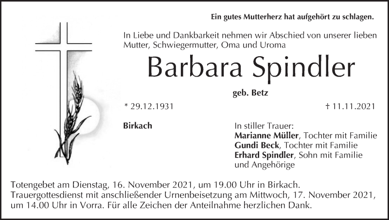  Traueranzeige für Barbara Spindler vom 13.11.2021 aus MGO