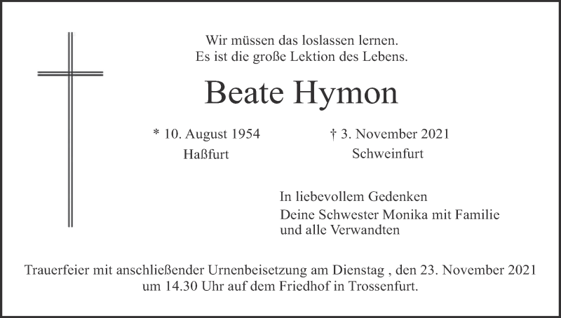  Traueranzeige für Beate Hymon vom 13.11.2021 aus MGO