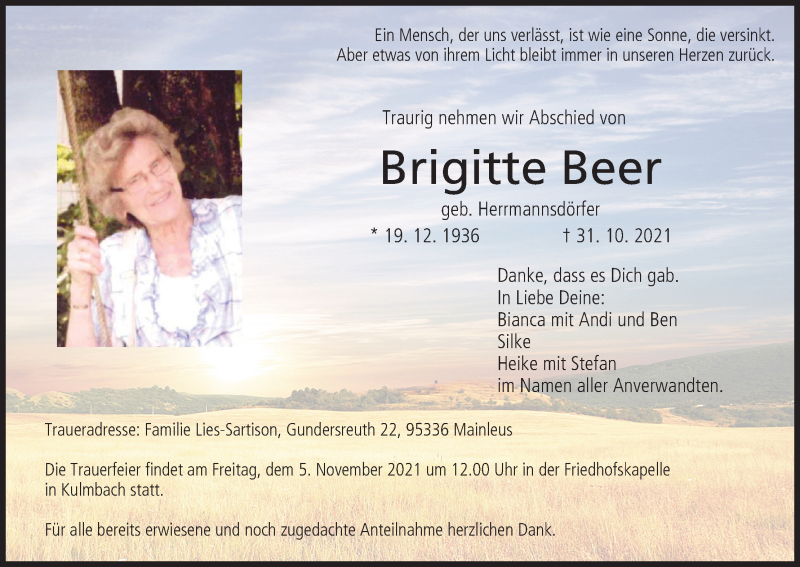  Traueranzeige für Brigitte Beer vom 03.11.2021 aus MGO