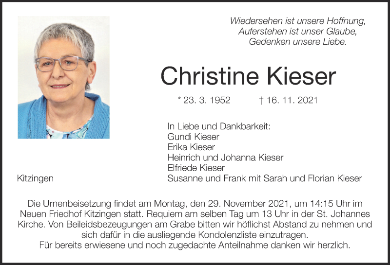  Traueranzeige für Christine Kieser vom 20.11.2021 aus MGO
