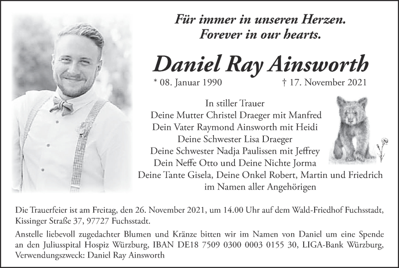  Traueranzeige für Daniel Ray Ainsworth vom 20.11.2021 aus MGO
