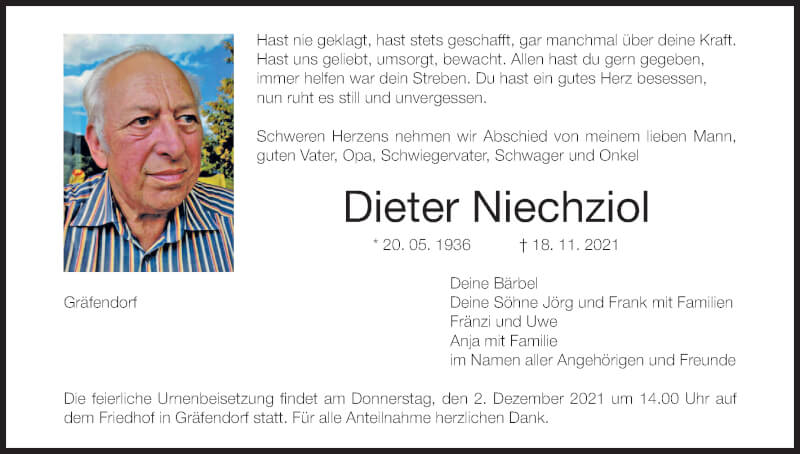  Traueranzeige für Dieter Niechziol vom 27.11.2021 aus MGO