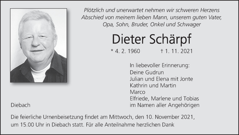  Traueranzeige für Dieter Schärpf vom 06.11.2021 aus MGO