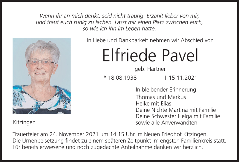  Traueranzeige für Elfriede Pavel vom 20.11.2021 aus MGO