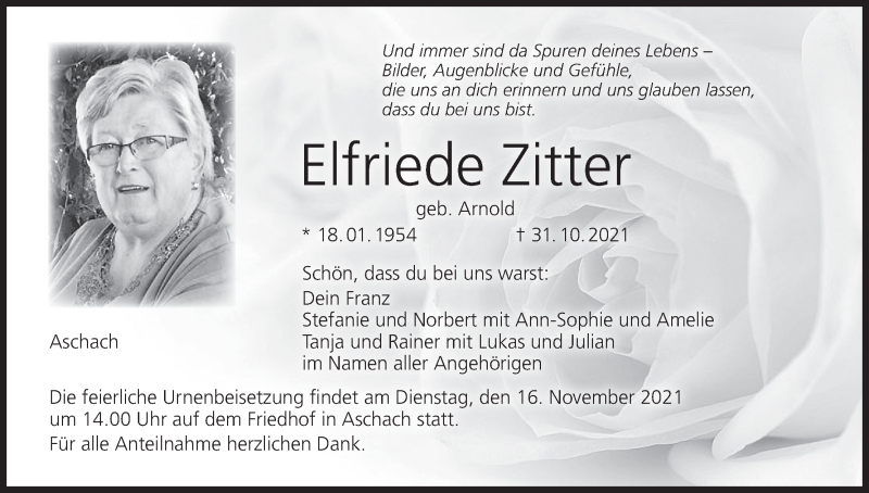  Traueranzeige für Elfriede Zitter vom 13.11.2021 aus MGO