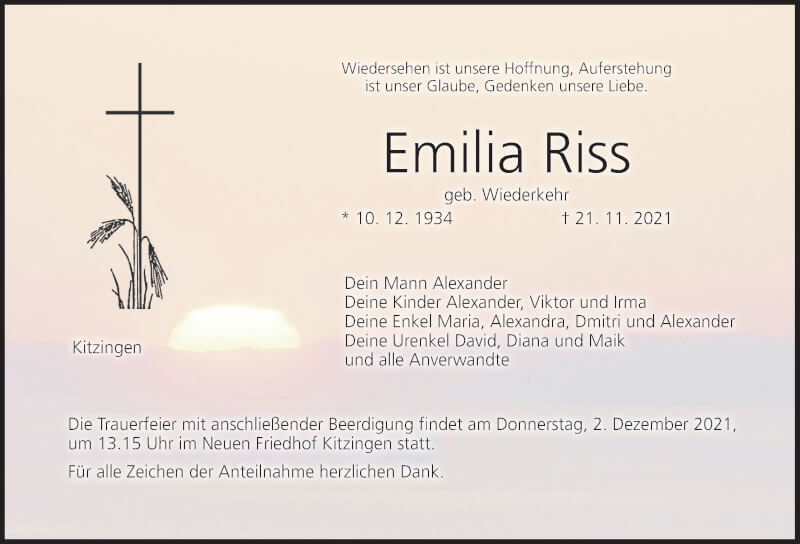  Traueranzeige für Emilia Riss vom 27.11.2021 aus MGO