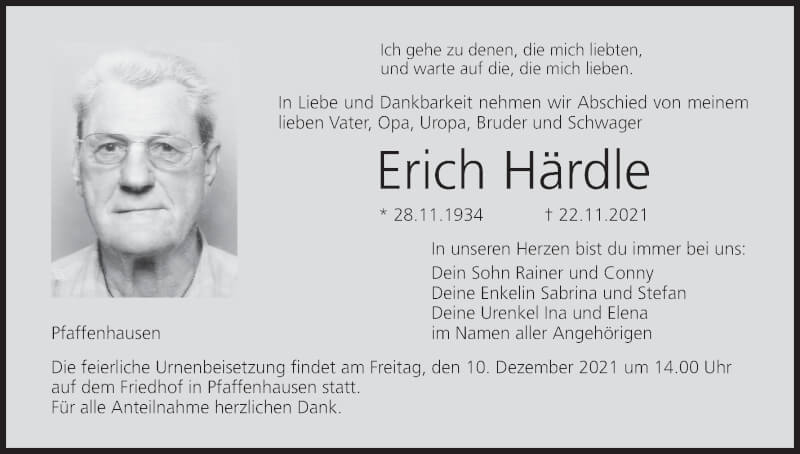  Traueranzeige für Erich Härdle vom 27.11.2021 aus MGO