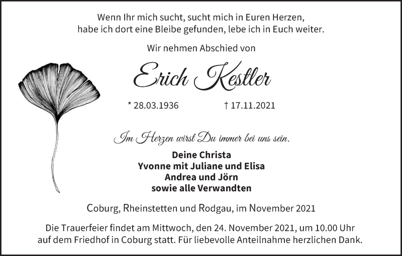  Traueranzeige für Erich Kestler vom 20.11.2021 aus MGO