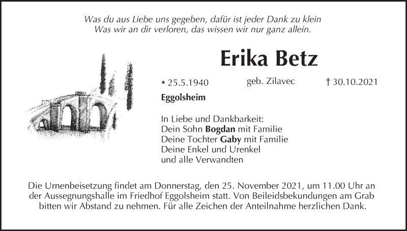  Traueranzeige für Erika Betz vom 20.11.2021 aus MGO