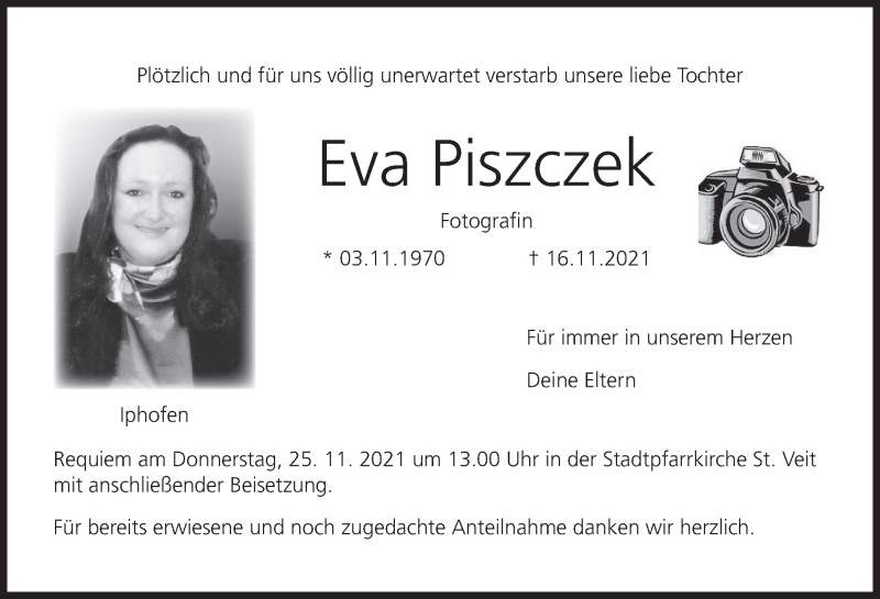  Traueranzeige für Eva Piszczek vom 20.11.2021 aus MGO