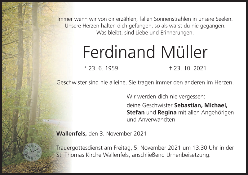  Traueranzeige für Ferdinand Müller vom 03.11.2021 aus MGO